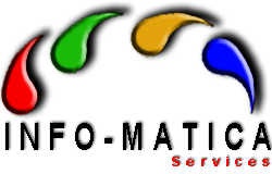 Le logo de INFO-MATICA contenant 4 gouttes en couleurs rouge, vert, orange et bleue formant un arc au dessus de INFOMATICA avec le mot services en roug pla en dessous et en petit