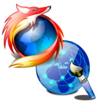 Logo cration et web reprsentant un pinceau pour la cration, un globe de couleur bleu qui reprsente la toile du web et le symbole de fire fox un renard couleur de feu reprsentant la navigation sur le web, le logo est pla devant le titre de la rubrique cration et web